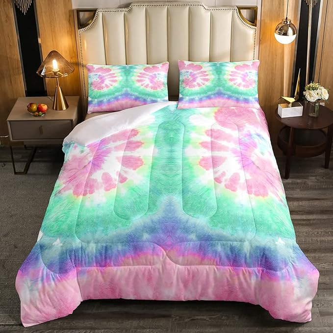 Erosebridal Kids Tie Dye Comforter Set, Bohemian Psychedelic Duvet Sets King Size for Girls Boys Teens Women Bedroom, Boho Gypsy Spiral Bedding Set Watercolor Trippy Duvet Insert, Pink Teal Blue - LeafyLoom