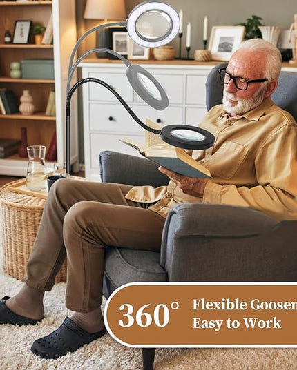 5X 10X Magnifying Glass with Light and Stand, 2-in-1Magnifying Floor Lamp with 36 Adjustable Brightness LED, Flexible Gooseneck Floor Standing Magnifying Lamp for Close Work, Craft, Reading - LeafyLoom