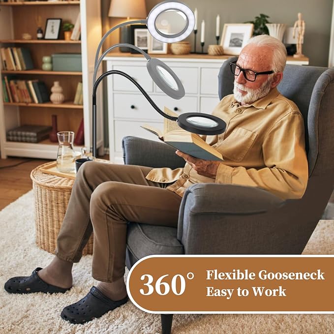 5X 10X Magnifying Glass with Light and Stand, 2-in-1Magnifying Floor Lamp with 36 Adjustable Brightness LED, Flexible Gooseneck Floor Standing Magnifying Lamp for Close Work, Craft, Reading - LeafyLoom