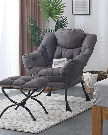 Welnow Lazy Chair with Ottoman, Modern Lounge Accent Chair with Armrests and a Side Pocket, Leisure Upholstered Sofa Chair Reading Chair with Footrest for Small Space, Corner Chair, Dark Grey - LeafyLoom