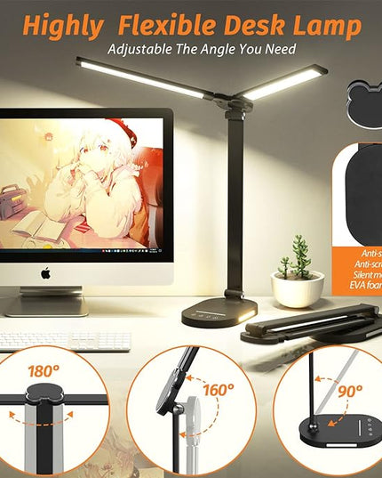 LED Desk Lamps for Home Office, Dual Swing Arm Desk Light, Dimmable Desk Lamp with USB Charging Port, Office Lamp with Night Light, 1H Timer, 5 Color Modes 5 Brightness Levels, Eye-Caring Table Lamp - LeafyLoom