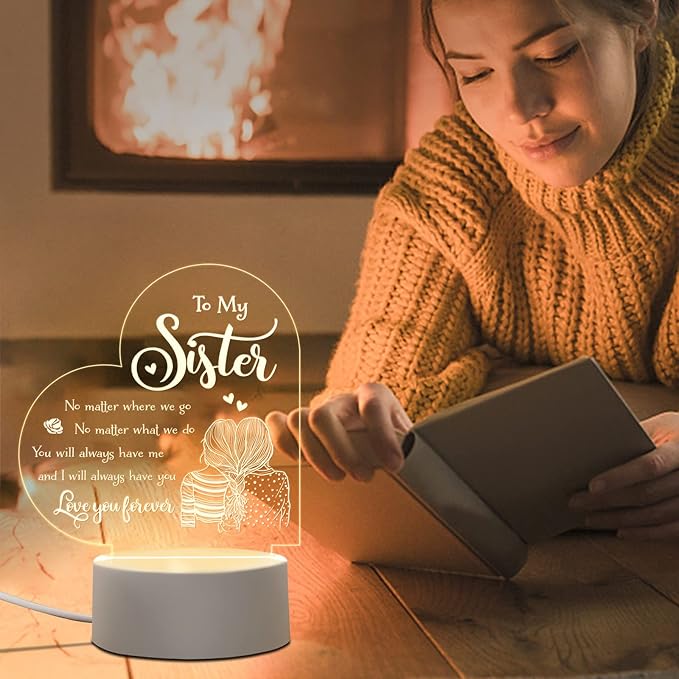 Sister Mothers Day Gift ideas, Sisters Gifts from Sister, to My Sister Birthday Gifts from Sister, Graduation Wedding Birthday Gifts for Sisters from Sister, Engraved Night Light Gifts for Sister - LeafyLoom