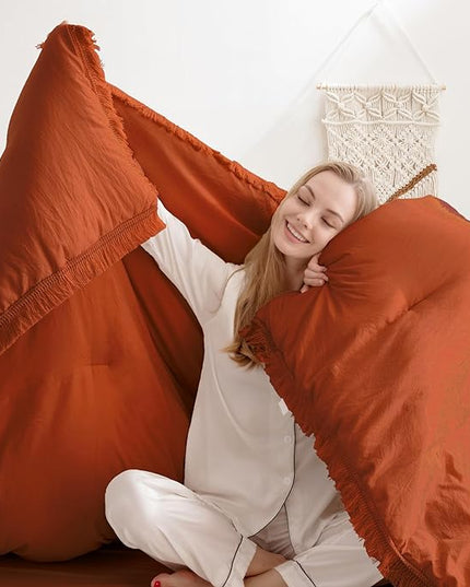 Andency King Size Comforter Set Burnt Orange, 3 Pieces Boho Terracotta Soft Lightweight Bedding Comforter Sets, Rust Tassel All Season Bed Set (104x90In Comforter & 2 Pillowcases) - LeafyLoom