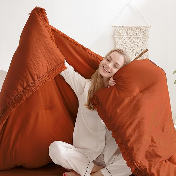 Andency King Size Comforter Set Burnt Orange, 3 Pieces Boho Terracotta Soft Lightweight Bedding Comforter Sets, Rust Tassel All Season Bed Set (104x90In Comforter & 2 Pillowcases) - LeafyLoom