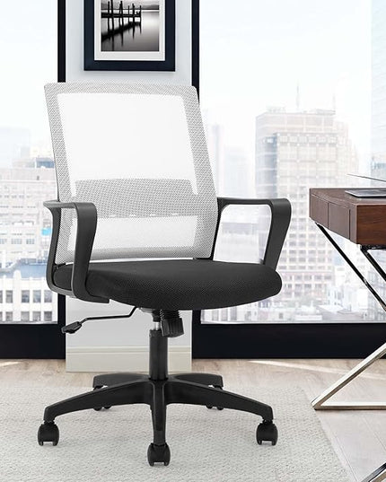 Office Chair Ergonomic Desk Task Chair Mesh Computer Chair Mid-Back Mesh Home Office Swivel Chair Modern Executive Chair with Wheels Armrests Lumbar Support(White) - LeafyLoom