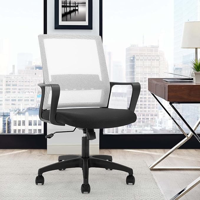 Office Chair Ergonomic Desk Task Chair Mesh Computer Chair Mid-Back Mesh Home Office Swivel Chair Modern Executive Chair with Wheels Armrests Lumbar Support(White) - LeafyLoom