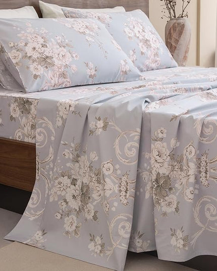 QSH Floral King Size Sheet Sets - 100% Egyptian Cotton Floral Bedding Sheets Blue Vintage Paisley Flower Pattern Printed Bedding King Size Bed Sheets 17.5" Extra Deep Pocket 4pcs - LeafyLoom