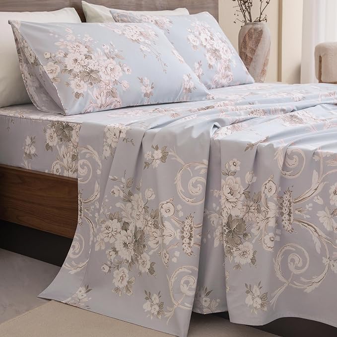QSH Floral King Size Sheet Sets - 100% Egyptian Cotton Floral Bedding Sheets Blue Vintage Paisley Flower Pattern Printed Bedding King Size Bed Sheets 17.5" Extra Deep Pocket 4pcs - LeafyLoom