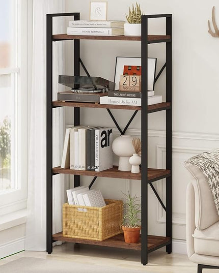 BON AUGURE Industrial 4 Tier Bookshelf, Modern Open Etagere Bookcase, Wood Metal Vintage Shelving Unit for Office Bedroom and Living Room (Rustic Oak) - LeafyLoom