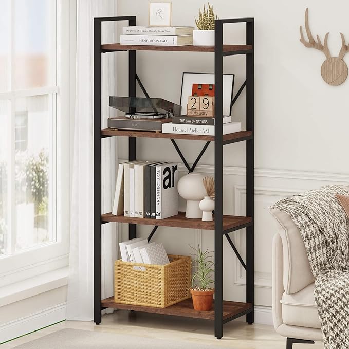 BON AUGURE Industrial 4 Tier Bookshelf, Modern Open Etagere Bookcase, Wood Metal Vintage Shelving Unit for Office Bedroom and Living Room (Rustic Oak) - LeafyLoom