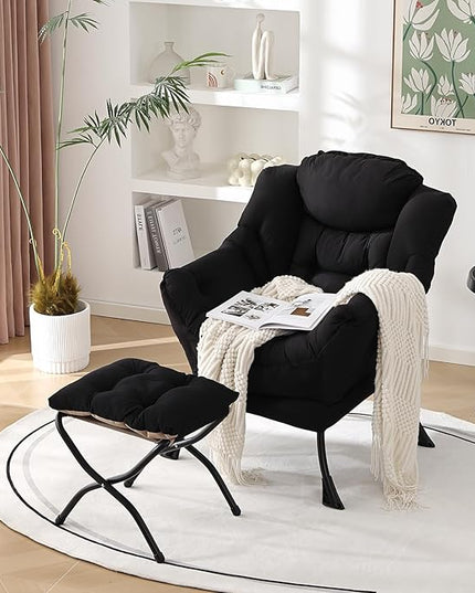 Welnow Lazy Chair with Ottoman, Modern Lounge Accent Chair with Armrests and a Side Pocket, Leisure Sofa Chair Set, Reading Chair with Footrest for Small Space, Corner Chair, Black - LeafyLoom