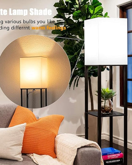 Floor Lamp with Shelves, Modern Standing Shelf Lamp with 3 CCT LED Bulb and White Shade for Living Room Bedroom and Office-Black - LeafyLoom