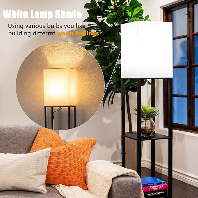 Floor Lamp with Shelves, Modern Standing Shelf Lamp with 3 CCT LED Bulb and White Shade for Living Room Bedroom and Office-Black - LeafyLoom