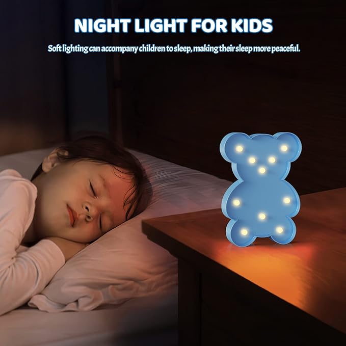 Blue Bear Decor, Battery Powered Bear Night Light for Kids, Pink Party Decorations, Baby Night Light for Bedroom, Toddler Night Lights, Girls Room Decor - LeafyLoom