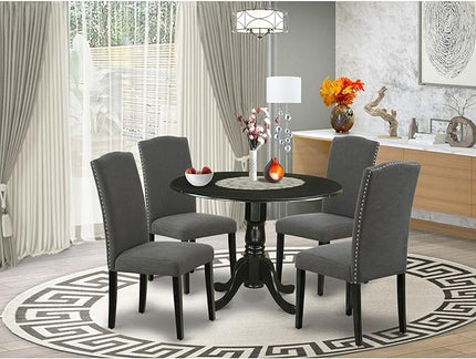 East West Furniture Dublin 5 Piece Set includes a Round Dining Room Table with Dropleaf and 4 Dark Gotham Linen Fabric Upholstered Parson Chairs, 42x42 Inch, DLEN5-BLK-20 - LeafyLoom