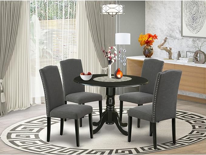 East West Furniture Dublin 5 Piece Set includes a Round Dining Room Table with Dropleaf and 4 Dark Gotham Linen Fabric Upholstered Parson Chairs, 42x42 Inch, DLEN5-BLK-20 - LeafyLoom