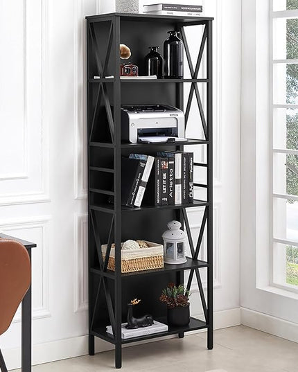 HOMISSUE Bookshelf, 6-Tier Bookshelf, Rustic Wood Metal Bookshelves and Bookcases, Freestanding Open Bookshelf, Industrial Tall Bookcase for Home Office, Living Room and Bedroom, Black - LeafyLoom