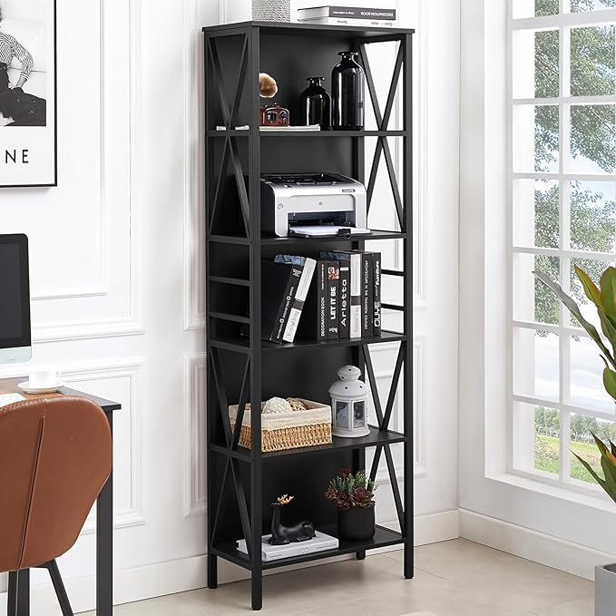 HOMISSUE Bookshelf, 6-Tier Bookshelf, Rustic Wood Metal Bookshelves and Bookcases, Freestanding Open Bookshelf, Industrial Tall Bookcase for Home Office, Living Room and Bedroom, Black - LeafyLoom
