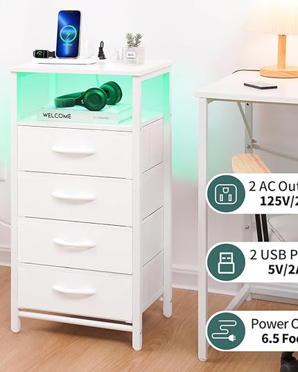 Yoobure Night Stand - LED White Nightstand with Charging Station, Bedside Table with 4 Storage Drawers and Storage Shelf, End Table with USB Ports and Outlets, Fabric Dresser for Bedroom - LeafyLoom
