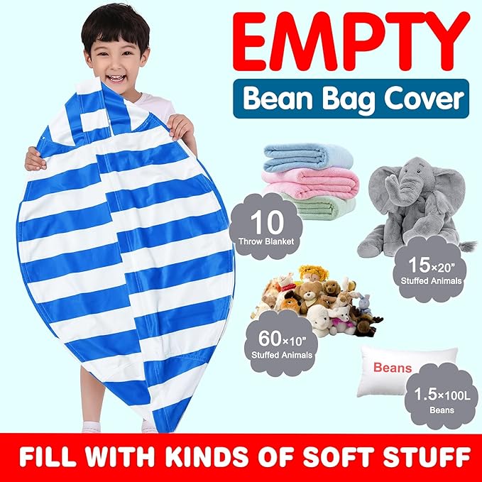 Lukeight Stuffed Animal Storage Bean Bag Chair Cover for Kids, Zipper Beanbag Chair Cover for Organizing Toddler & Kids' Rooms Plush Toys (Blue+White Velvet, Large) - LeafyLoom