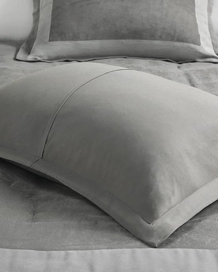 Madison Park Darcey Cozy Comforter Set, Faux Suede, Deluxe Hotel Styling All Season Down Alternative Bedding Matching Shams, Decorative Pillow, Full/Queen(90 in x 90 in), Border Grey 4 Piece - LeafyLoom