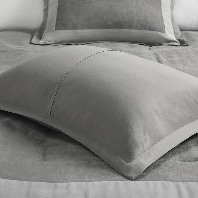 Madison Park Darcey Cozy Comforter Set, Faux Suede, Deluxe Hotel Styling All Season Down Alternative Bedding Matching Shams, Decorative Pillow, Full/Queen(90 in x 90 in), Border Grey 4 Piece - LeafyLoom