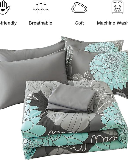 Yiran 7 Pieces Bed in a Bag Floral Comforter Set Green Flowers Bedding Set Soft Microfiber King Comforter Sets with 1 Comforter 1 Flat Sheet 1 Fitted Sheet 2 Pillowshams and 2 Pillowcases - LeafyLoom