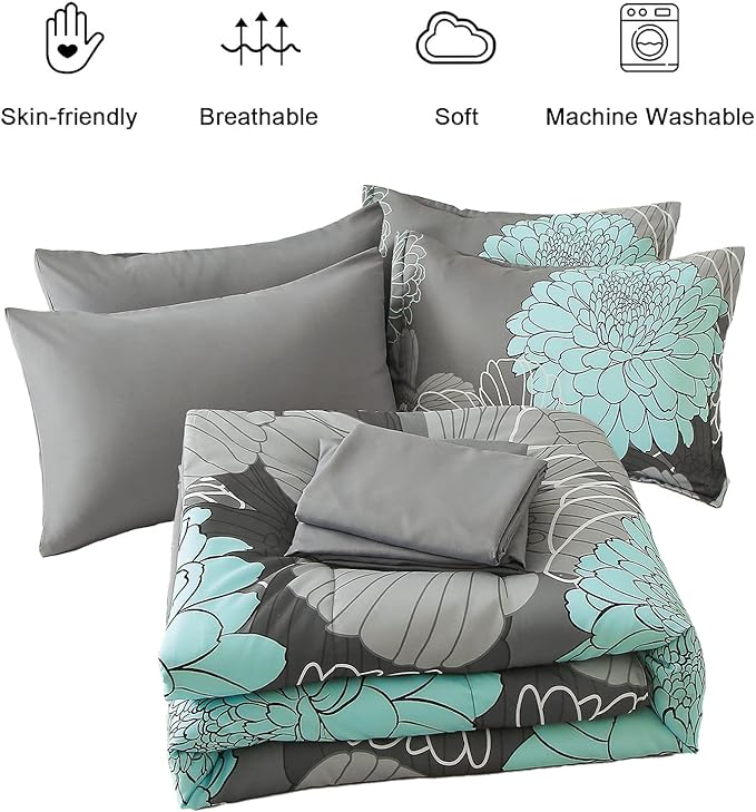 Yiran 7 Pieces Bed in a Bag Floral Comforter Set Queen Flowers Bedding Set Soft Microfiber Comforter Sets with 1 Comforter 1 Flat Sheet 1 Fitted Sheet 2 Pillowshams and 2 Pillowcases - LeafyLoom
