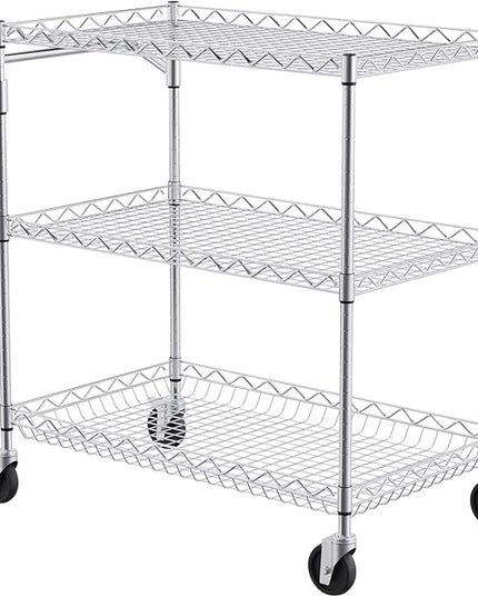 VEVOR Kitchen Utility Cart, 3 Tiers, Wire Rolling Cart with 661 LBS Capacity, Steel Service Cart on Wheels, Metal Storage Trolley with 80 mm Deep Basket Curved Handle 6 Hooks, NSF Listed - LeafyLoom