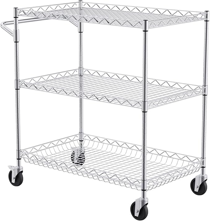 VEVOR Kitchen Utility Cart, 3 Tiers, Wire Rolling Cart with 661 LBS Capacity, Steel Service Cart on Wheels, Metal Storage Trolley with 80 mm Deep Basket Curved Handle 6 Hooks, NSF Listed - LeafyLoom