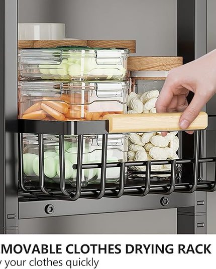 Kitchen Storage Cart Slim Rolling Cart On Wheels,5-Tier Skinny Kitchen Island Utility Organizer Storage Cart with Pull-Out Baskets and Wood Top,Mesh Fruit Basket Cart with Handle - LeafyLoom