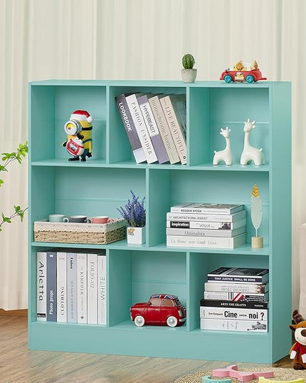 LEYAOYAO 8 Cube Bookshelf with Base,3 Tier Modern Mint-Green Kids Bookcase,Standing Wide Bookshelves Storage Organizer Toy Shelf,Wood Display Children's Book Shelves for Bedroom,Living Room,Nursery - LeafyLoom
