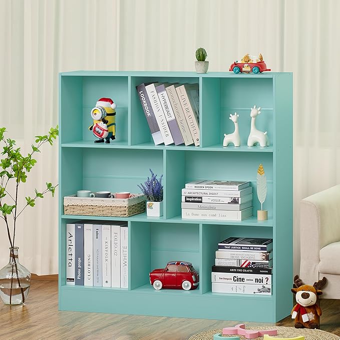 LEYAOYAO 8 Cube Bookshelf with Base,3 Tier Modern Mint-Green Kids Bookcase,Standing Wide Bookshelves Storage Organizer Toy Shelf,Wood Display Children's Book Shelves for Bedroom,Living Room,Nursery - LeafyLoom