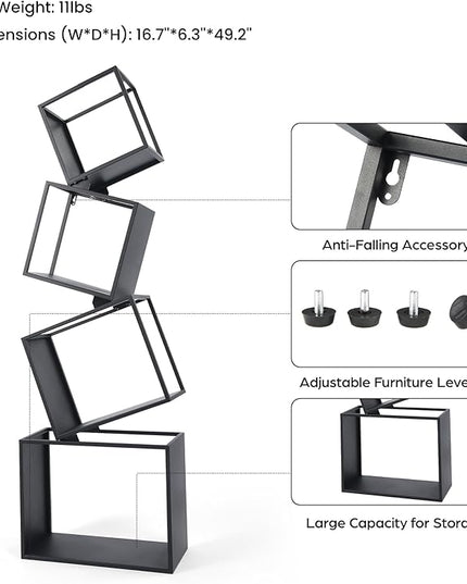 Bookshelf, 4-Tier Bookcase Black, 49'' Tall Black Bookshelf, Industrial Bookshelf, Modern Book Shelf, Storage Shelves for CDs/Books/Home Decor, Display Shelf for Living Room, Office - LeafyLoom