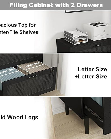 2 Drawer File Cabinet, Lateral File Cabinet with Lock, Rattan Wood Filing Organization Cabinet for Home Office, Black - LeafyLoom