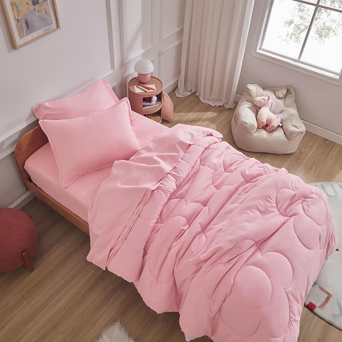 SLEEP ZONE Kids Pink Bedding Comforter Set Full/Queen Size - Super Cute & Soft Girls Bedding 7 Pieces Set with Comforter, Sheet, Pillowcase & Sham (Cinquefoil Pink) - LeafyLoom