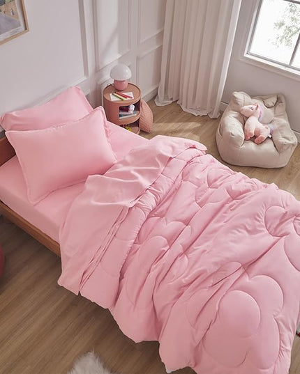 SLEEP ZONE Kids Pink Twin Bedding Comforter Set - Super Cute & Soft Girls Bedding 5 Pieces Set with Comforter, Sheet, Pillowcase & Sham (Cinquefoil Pink) - LeafyLoom