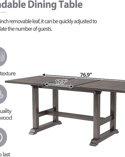 76.9 Inch Dining Table Set for 6, Extendable Dining Table Set with Removable Leaf, Kitchen Table Set with Upholstered Side Chair and Arm Chair for Dining Room, Dark Brown+Grey - LeafyLoom