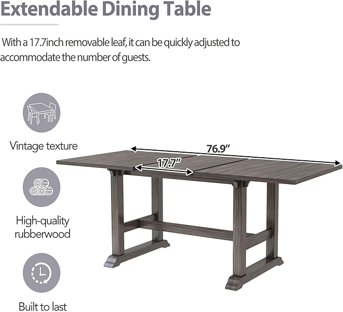 76.9 Inch Dining Table Set for 6, Extendable Dining Table Set with Removable Leaf, Kitchen Table Set with Upholstered Side Chair and Arm Chair for Dining Room, Dark Brown+Grey - LeafyLoom