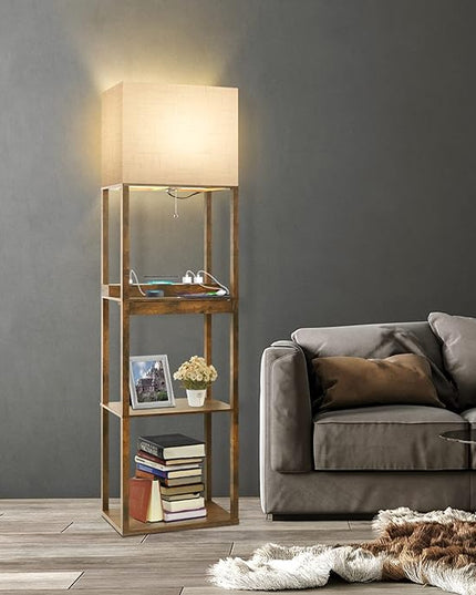 RUNTOP Floor Lamp with Shelves, Plus Shelf Lamp with Wireless Charger, 2 USB Port and Outlet, 1 Drawer, 15W LED Bulb, 3 Colors, Memory Function, Floor Lamps for Living Room, Standing Lamp for Bedroom - LeafyLoom