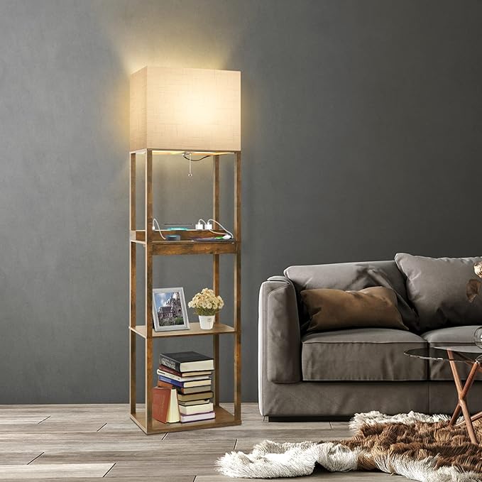 RUNTOP Floor Lamp with Shelves, Plus Shelf Lamp with Wireless Charger, 2 USB Port and Outlet, 1 Drawer, 15W LED Bulb, 3 Colors, Memory Function, Floor Lamps for Living Room, Standing Lamp for Bedroom - LeafyLoom