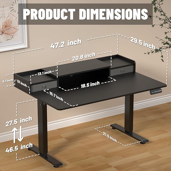 48×30 Inch Electric Standing Desk with 2 Drawers, Adjustable Height Widened Stand Up Desk with Storage Shelf, Sit to Stand Ergonomic Workstation for Home Office - LeafyLoom