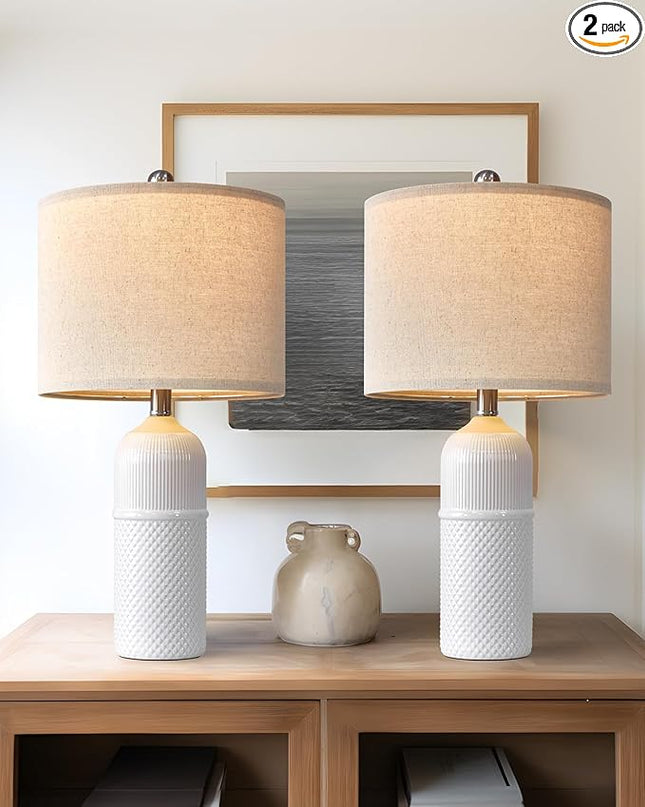 Table Lamps - Set of 2 (22.5") Modern White Ceramic Table Lamps for Living Room Table Lamps for Bedroom Study Room Office Dorm Farmhouse Nightstand End Table Lamps（White） - LeafyLoom