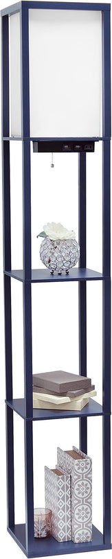 Simple Designs LF1037-NAV Floor Lamp Etagere Organizer Storage Shelf with 2 USB Charging Ports, 1 Charging Outlet and Linen Shade, Navy Blue - LeafyLoom