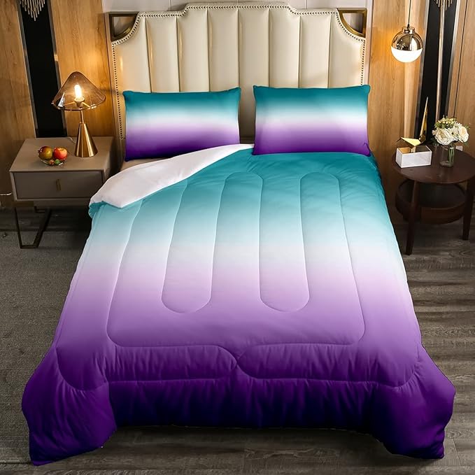 Erosebridal Ombre Comforter Set Green Purple Teal Bedding Set Twin Size Colorful Gradient Down Comforter Modern Abstract Quilt Duvet Insert Soft Warm Lightweight 1Comforter with 1 Pillow Case - LeafyLoom