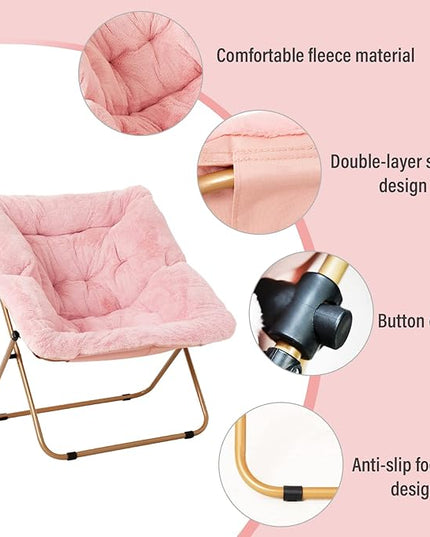 Tiita Comfy Saucer Chair, Soft Faux Fur Oversized Folding Accent Chair, Lounge Lazy Chair for Kids Teens Adults, Metal Frame Moon Chair for Bedroom, Living Room, Dorm Rooms, X-Large Pink - LeafyLoom