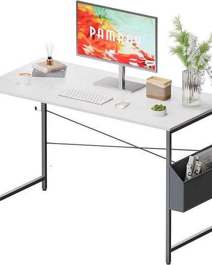Pamray 47 Inch Computer Desk Small Spaces Desk with Storage Bag for Bedroom Writing and Home Office Work Small Study Desk Table White - LeafyLoom