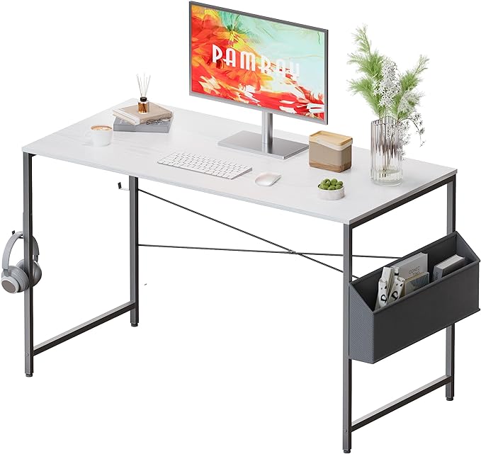 Pamray 47 Inch Computer Desk Small Spaces Desk with Storage Bag for Bedroom Writing and Home Office Work Small Study Desk Table White - LeafyLoom