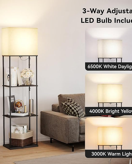SUNMORY Large Size Floor Lamp with Shelves, 4-Tier Modern Standing Lamp with 3 Color Temperature Bulb, Tall Floor Lamp with Shelf, Corner Display Bookshelf Lamps for Living Room, Bedroom, Office - LeafyLoom