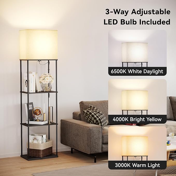 SUNMORY Large Size Floor Lamp with Shelves, 4-Tier Modern Standing Lamp with 3 Color Temperature Bulb, Tall Floor Lamp with Shelf, Corner Display Bookshelf Lamps for Living Room, Bedroom, Office - LeafyLoom